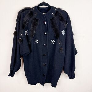 Vintage Rockabilly Retro Black Wool Fur Sweater Cardigan Beaded Size Large